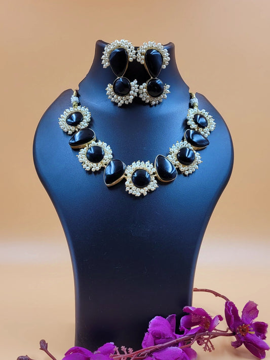 Gold Plated Black Stone Studded and Beaded Necklace Sets