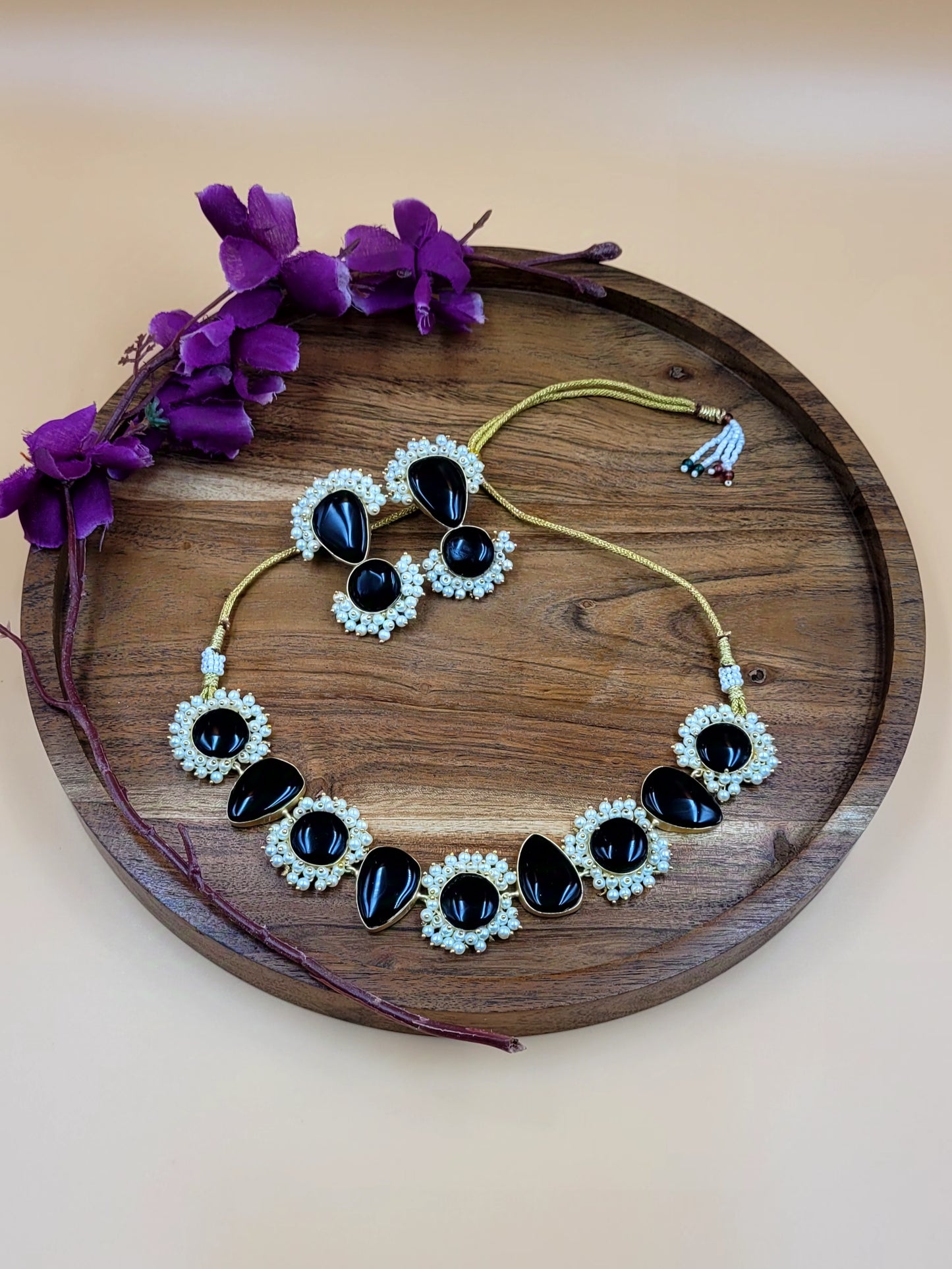 Gold Plated Black Stone Studded and Beaded Necklace Sets