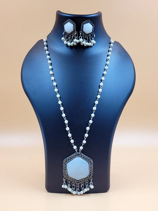White Stone Carved Long Beaded Necklace Set