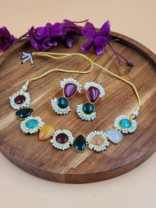 Gold Plated Stone Studded and Beaded Necklace Set.