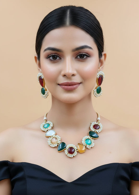 Gold Plated Stone Studded and Beaded Necklace Set.