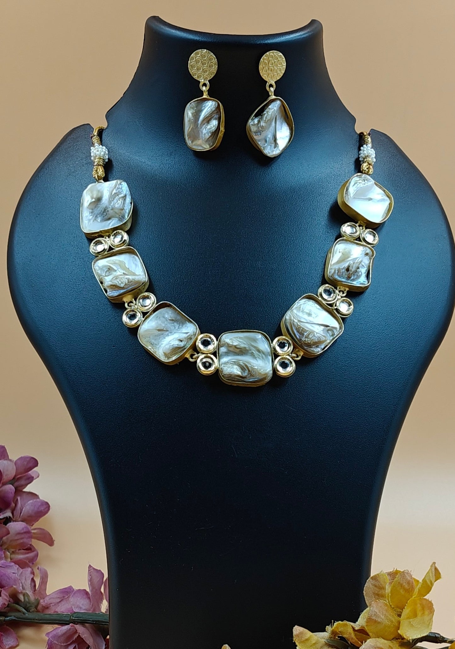Gold Plated Brass Necklace Set with Raw Stone