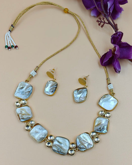 Gold Plated Brass Necklace Set with Raw Stone