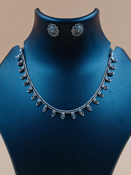 Sleek Silver oxidized Necklace with Earrings