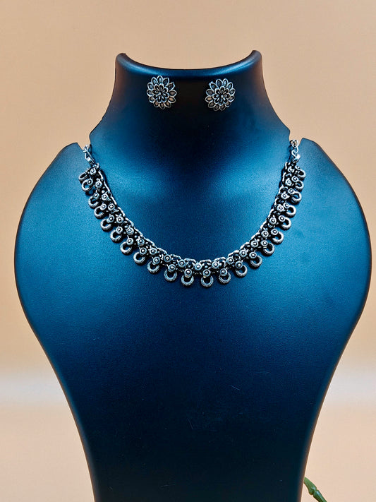 Silver Oxidized Sleek Loop Design Light Weight Necklace with Small Tops.