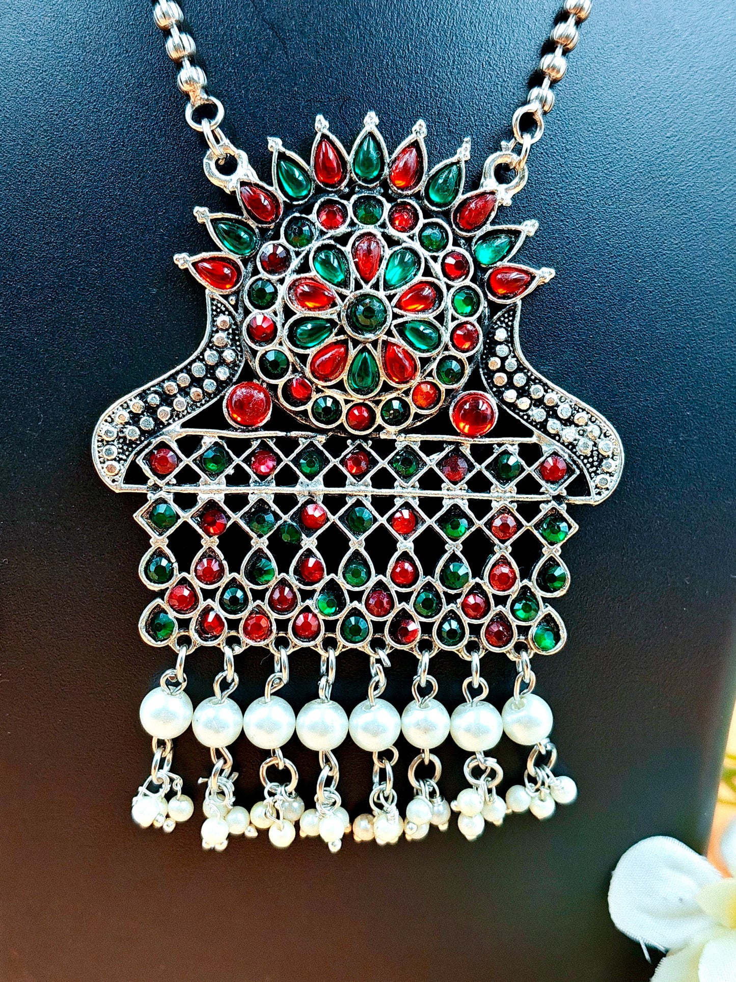 Boho Design Silver Oxidized Beaded Long Chain Pendant