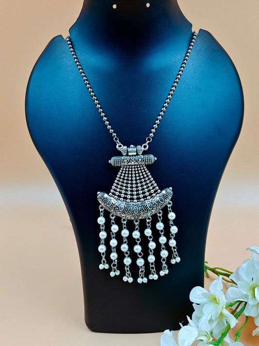 Silver Oxidized Long Beaded Necklace