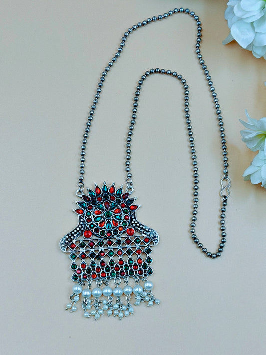 Boho Design Silver Oxidized Beaded Long Chain Pendant