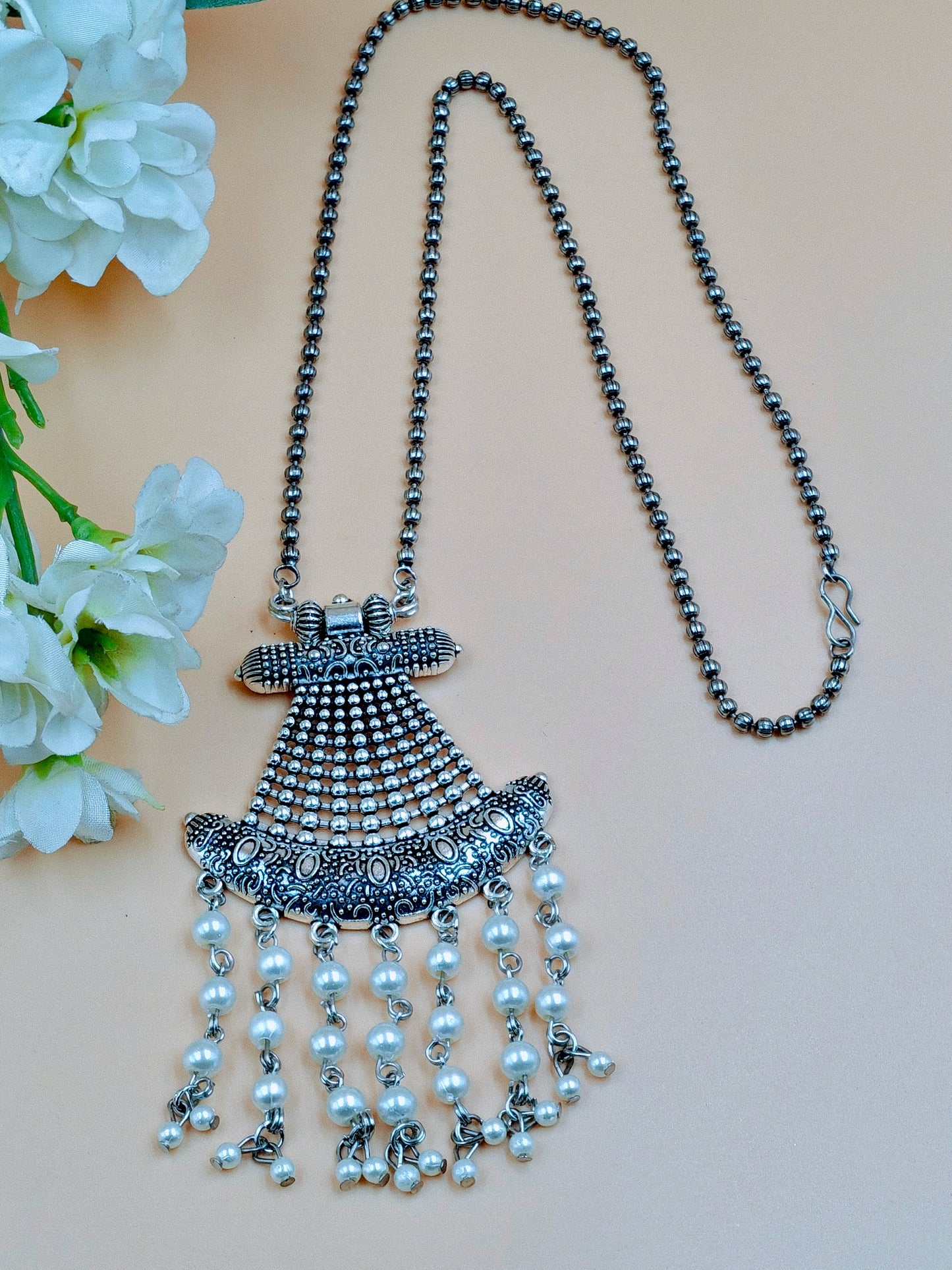 Silver Oxidized Long Beaded Necklace