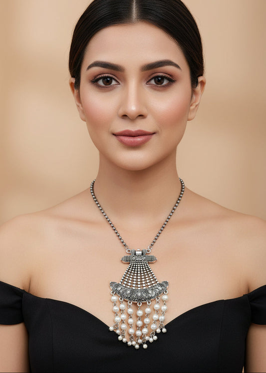 Silver Oxidized Long Beaded Necklace