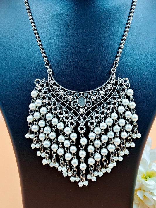 Long Beaded Silver Toned Mesh Design Beads with Big and Heavy Pendant Set