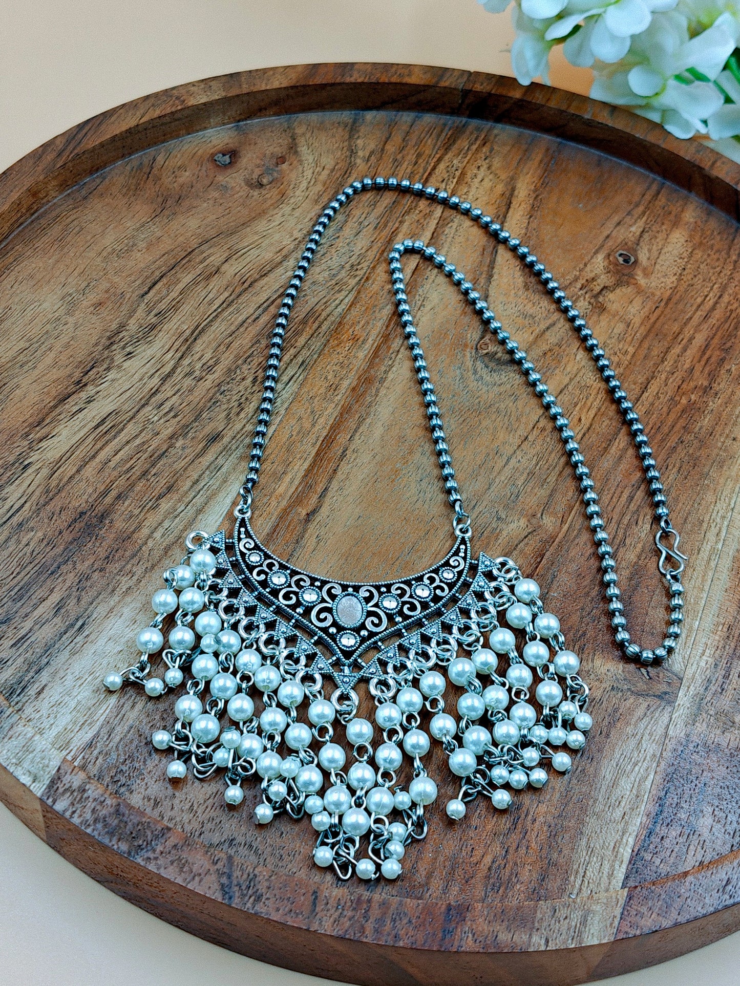 Long Beaded Silver Toned Mesh Design Beads with Big and Heavy Pendant Set