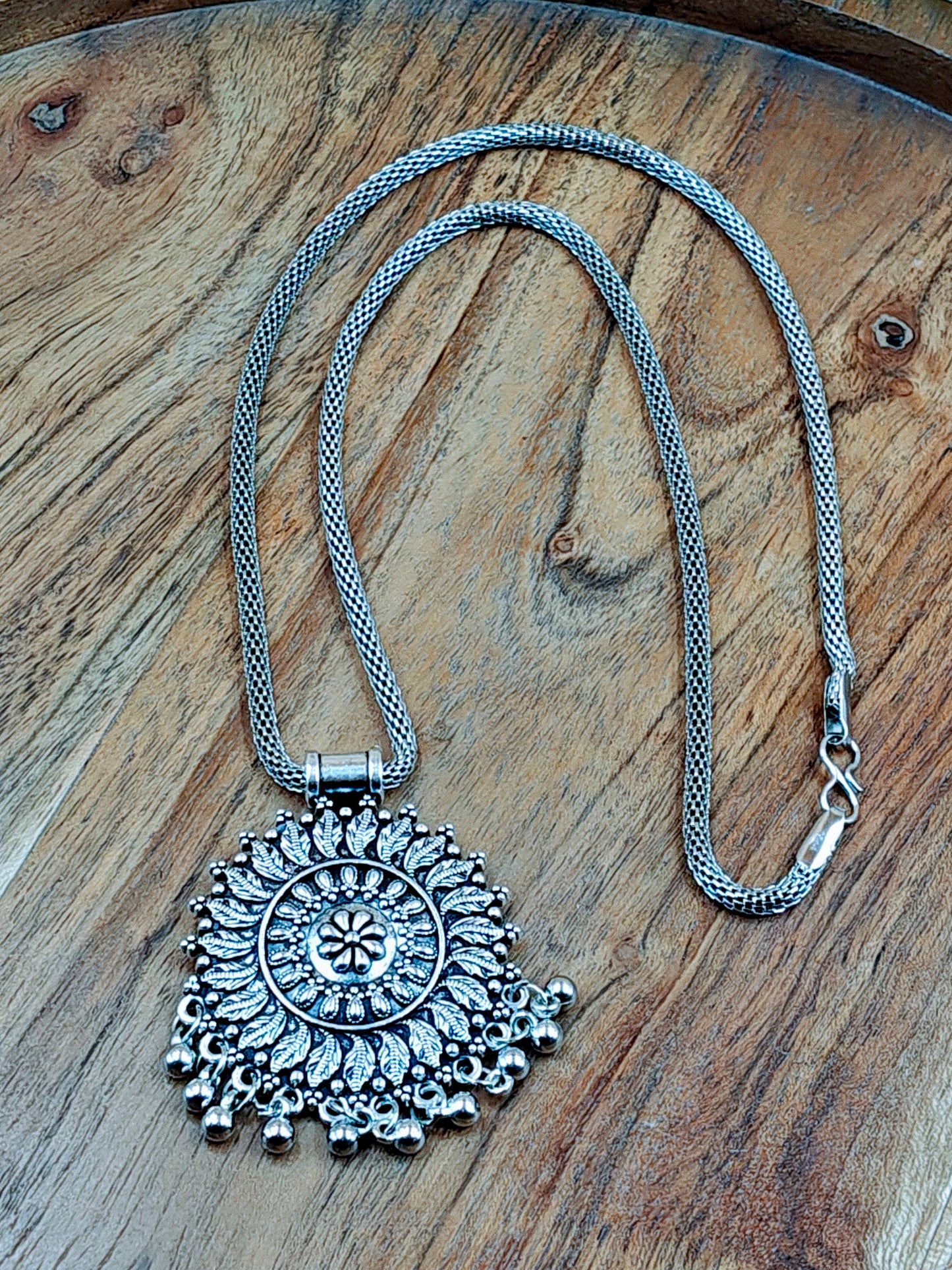 Silver Oxidized Floral Light Weight Small Pendant Chain with Ghungroo