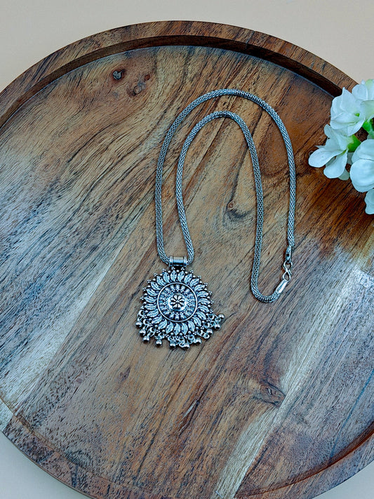 Silver Oxidized Floral Light Weight Small Pendant Chain with Ghungroo