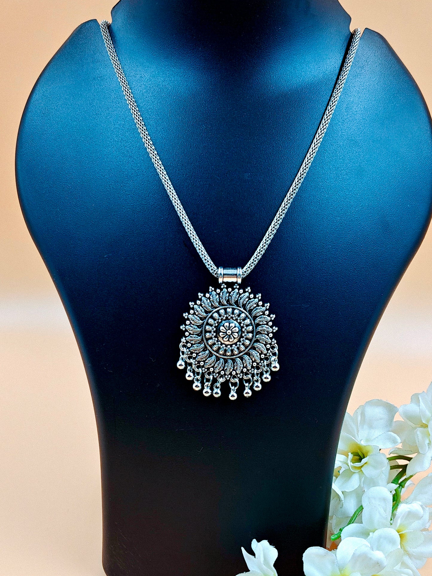 Silver Oxidized Floral Light Weight Small Pendant Chain with Ghungroo