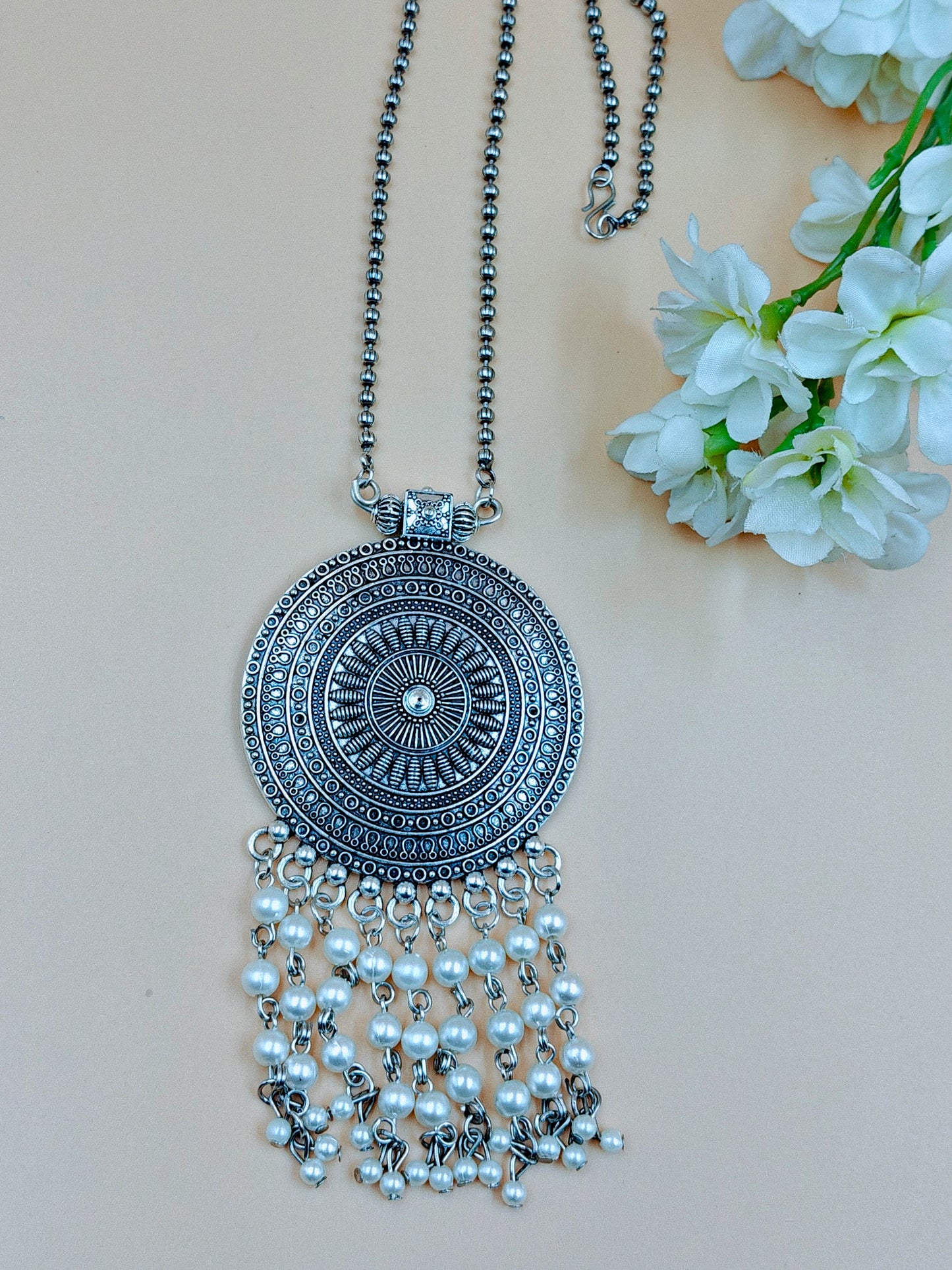Bajri Silver Oxidized Long Beaded Chain Laced with Hanging Beads.