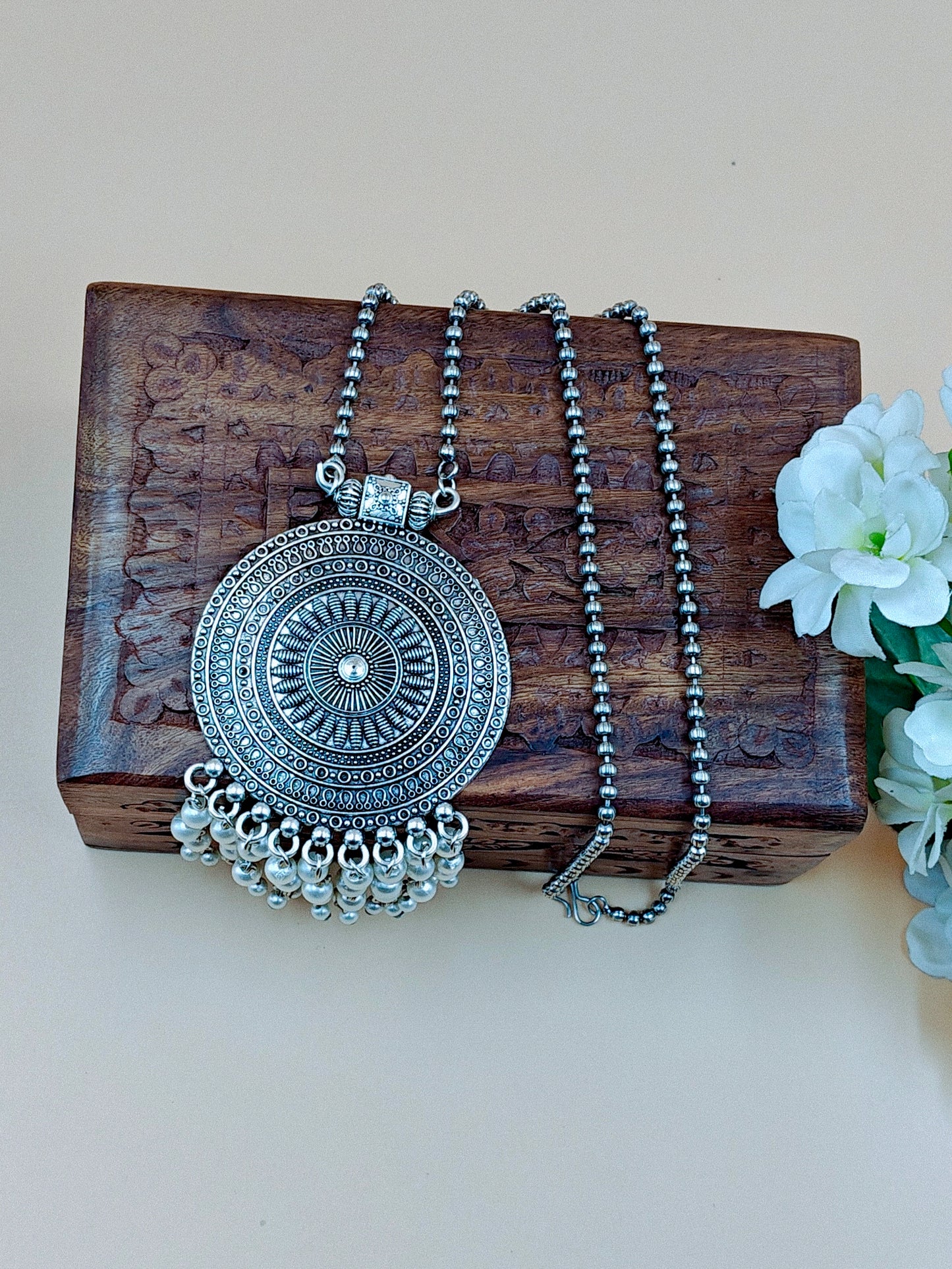 Bajri Silver Oxidized Long Beaded Chain Laced with Hanging Beads.