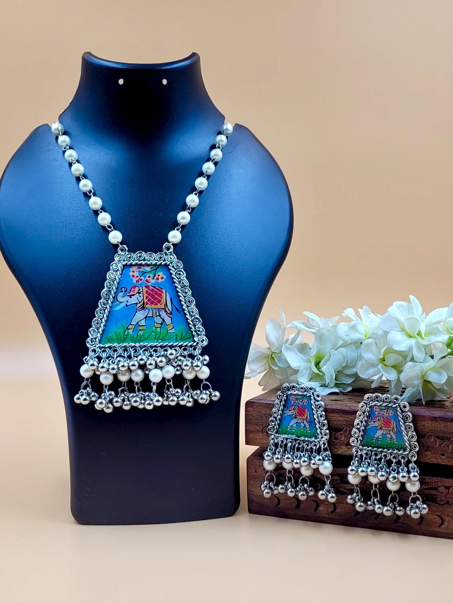 Elephant Hand Printed Beaded Necklace Set