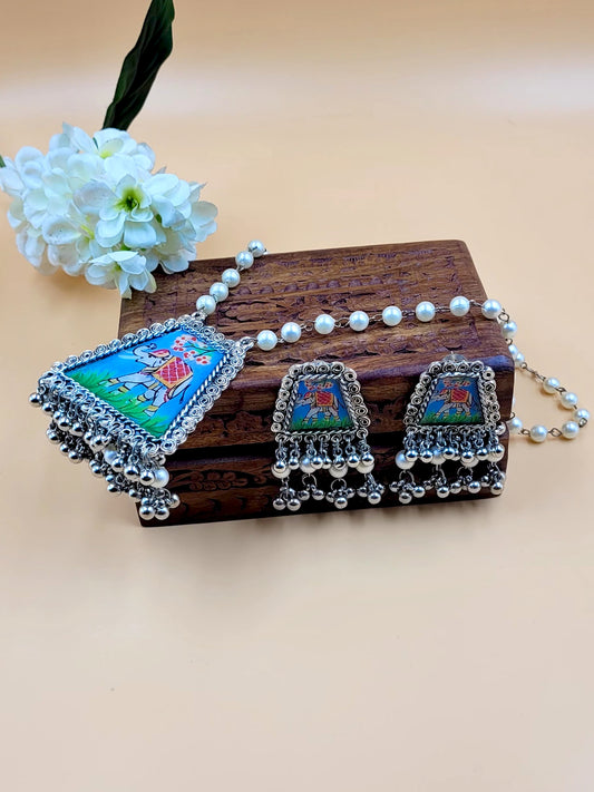 Elephant Hand Printed Beaded Necklace Set