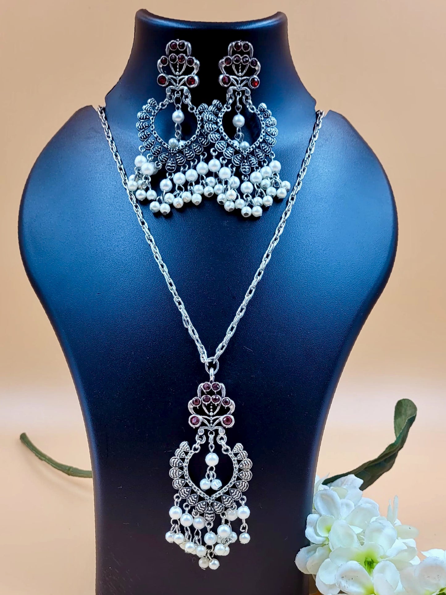 Red Stone Studded and Beaded Oxidized Long Pendant Set