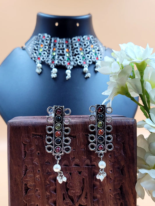 Silver oxidized multicolored stone studded afghani style choker set