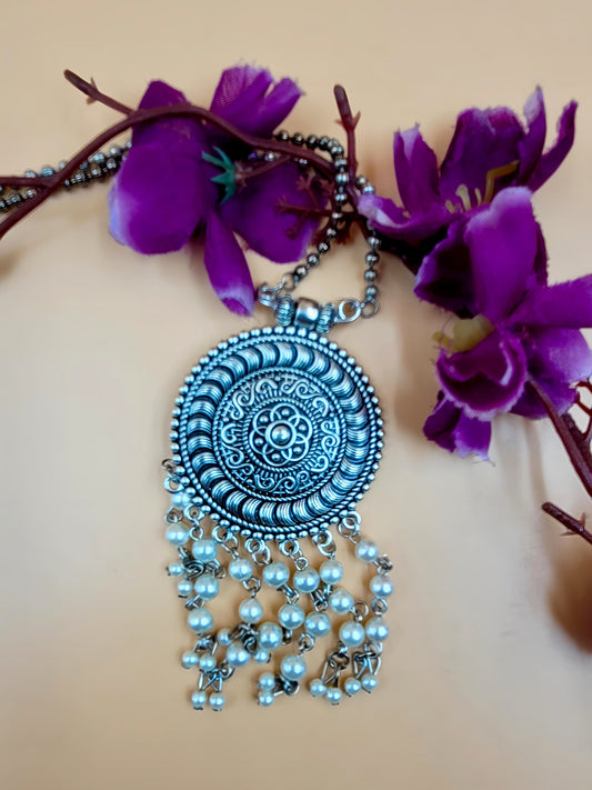 Ethnic Silver Oxidized Long Beaded Pendant Laced with Hanging Beads.