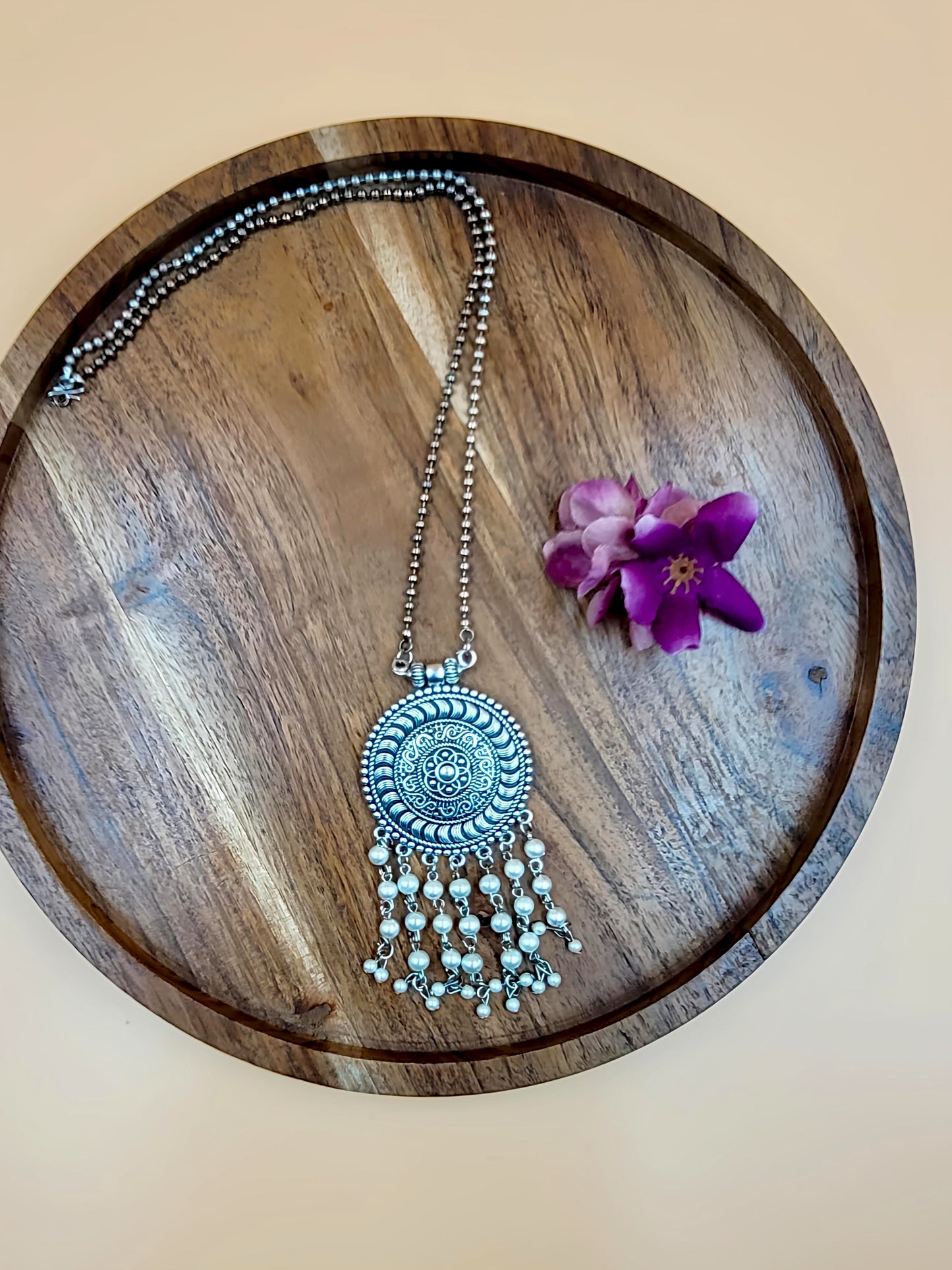 Ethnic Silver Oxidized Long Beaded Pendant Laced with Hanging Beads.