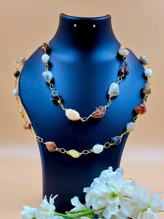 Stylish Multicolored Golden- Wire Wrapped Agate Stone Long Chain.