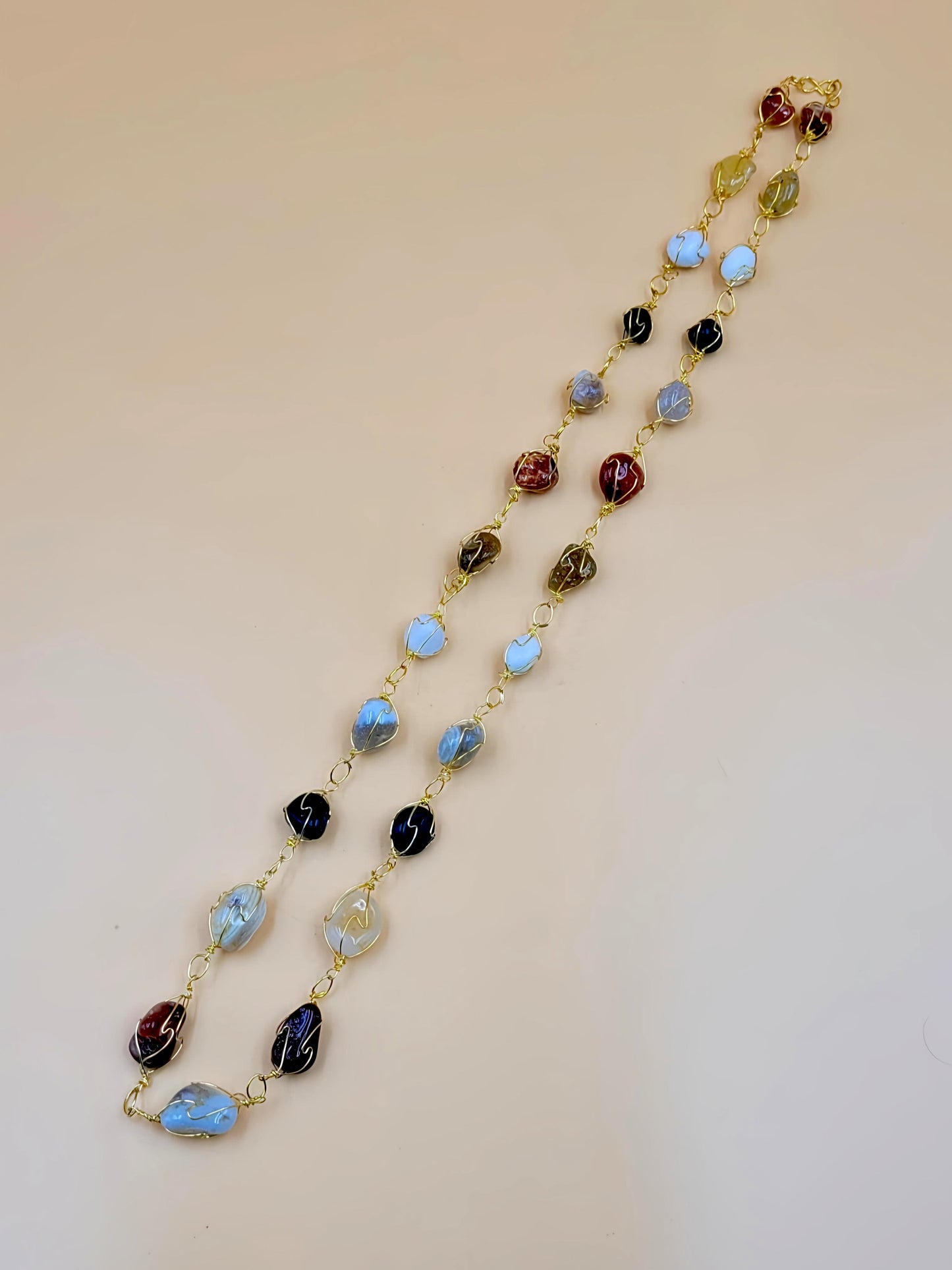 Stylish Multicolored Golden- Wire Wrapped Agate Stone Long Chain.