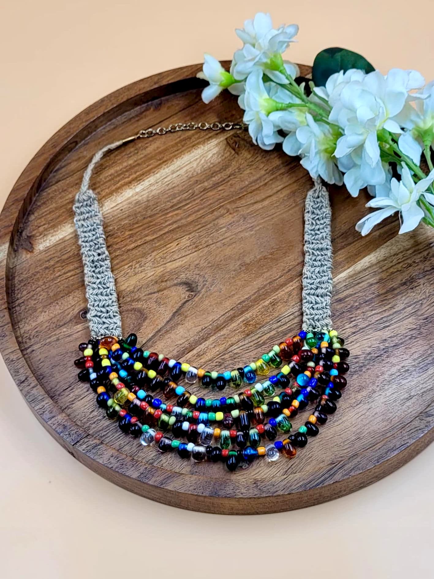 Stylish Handmade Multicolored Beaded Jute Necklace.