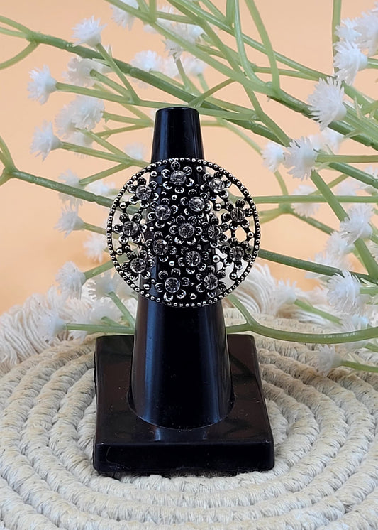 Adjustable Oxidized Stone Studded Floral Finger Ring