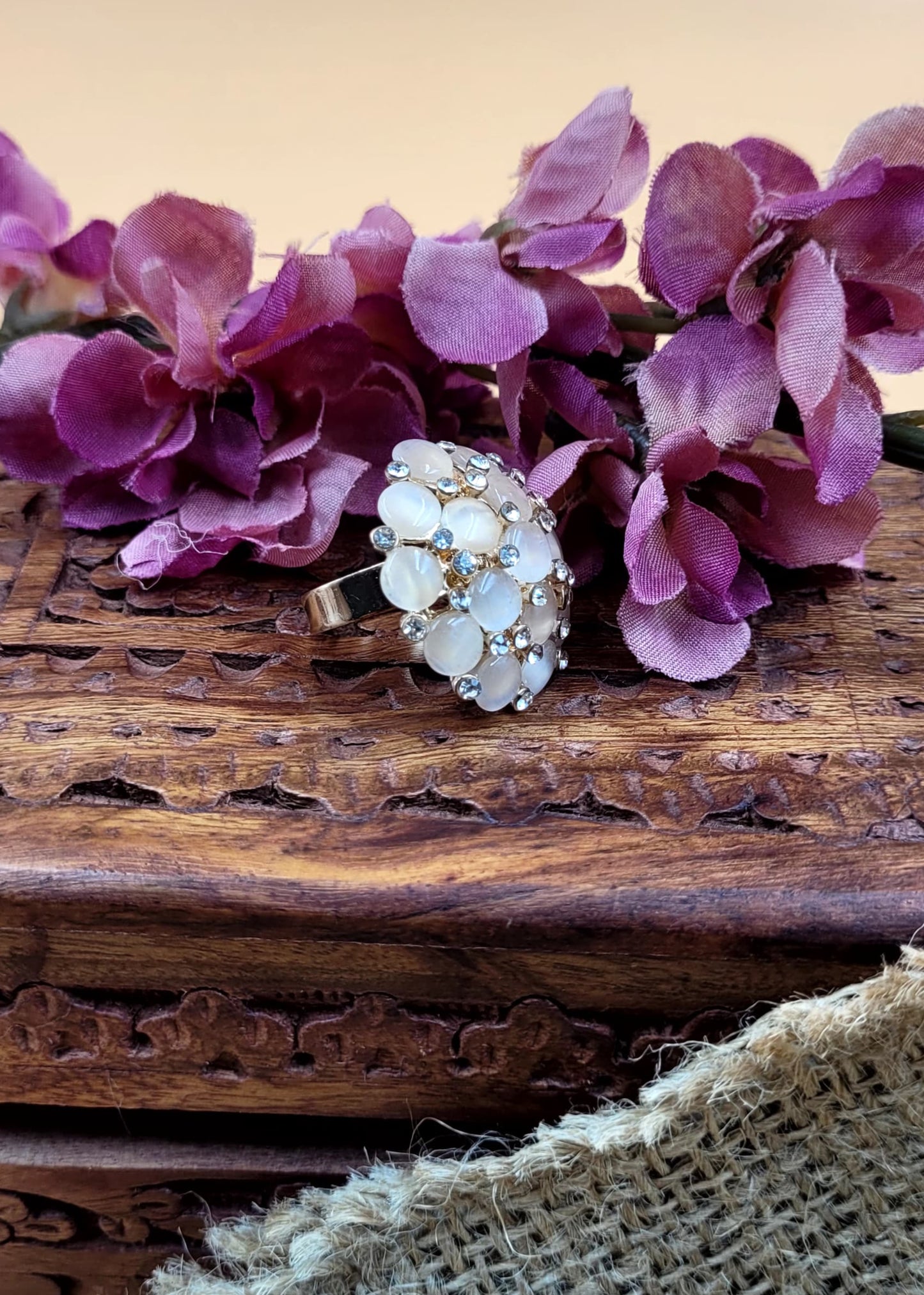 Adjustable Beige Rose Crystals Stone Finger Ring