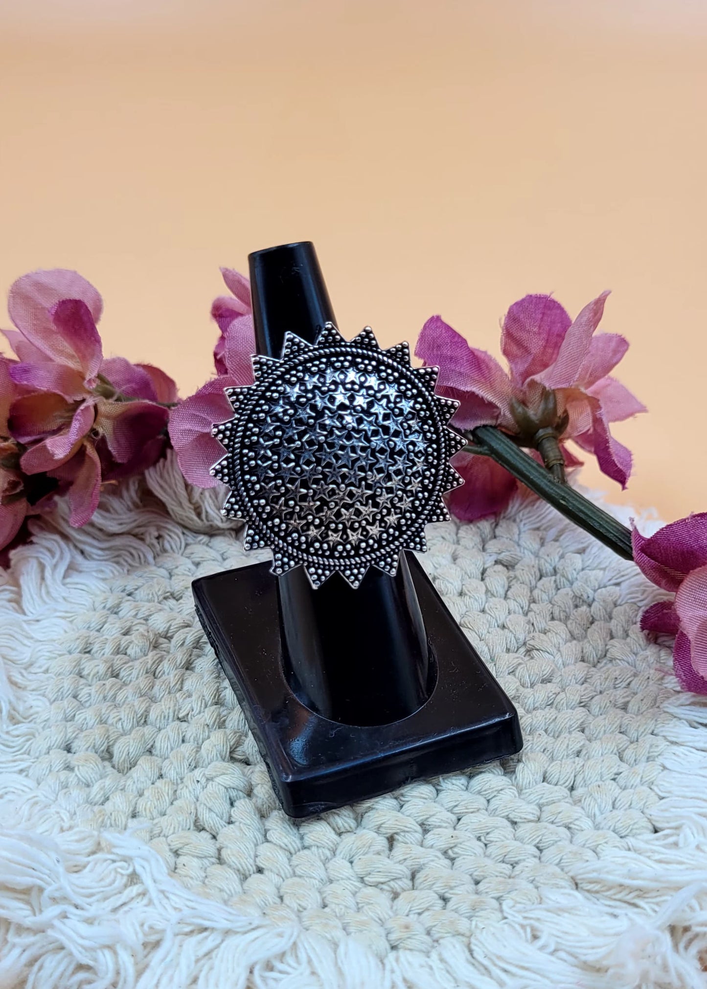 Adjustable Lotus Silver Oxidized Finger Ring