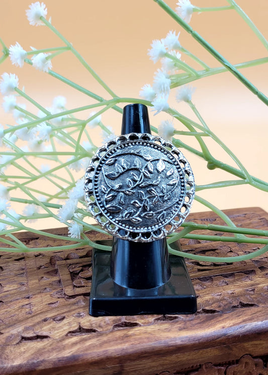 Adjustable Leafy Floral Oxidized Finger Ring