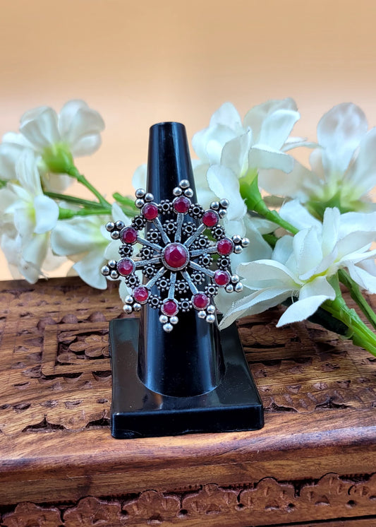 Adjustable Red Beaded Floral Oxidised Finger Ring