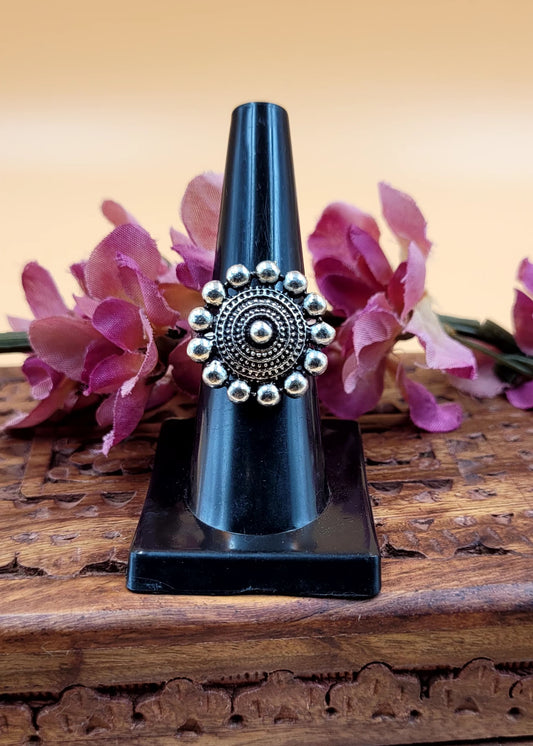 Adjustable Silver Beaded Oxidized Finger Ring
