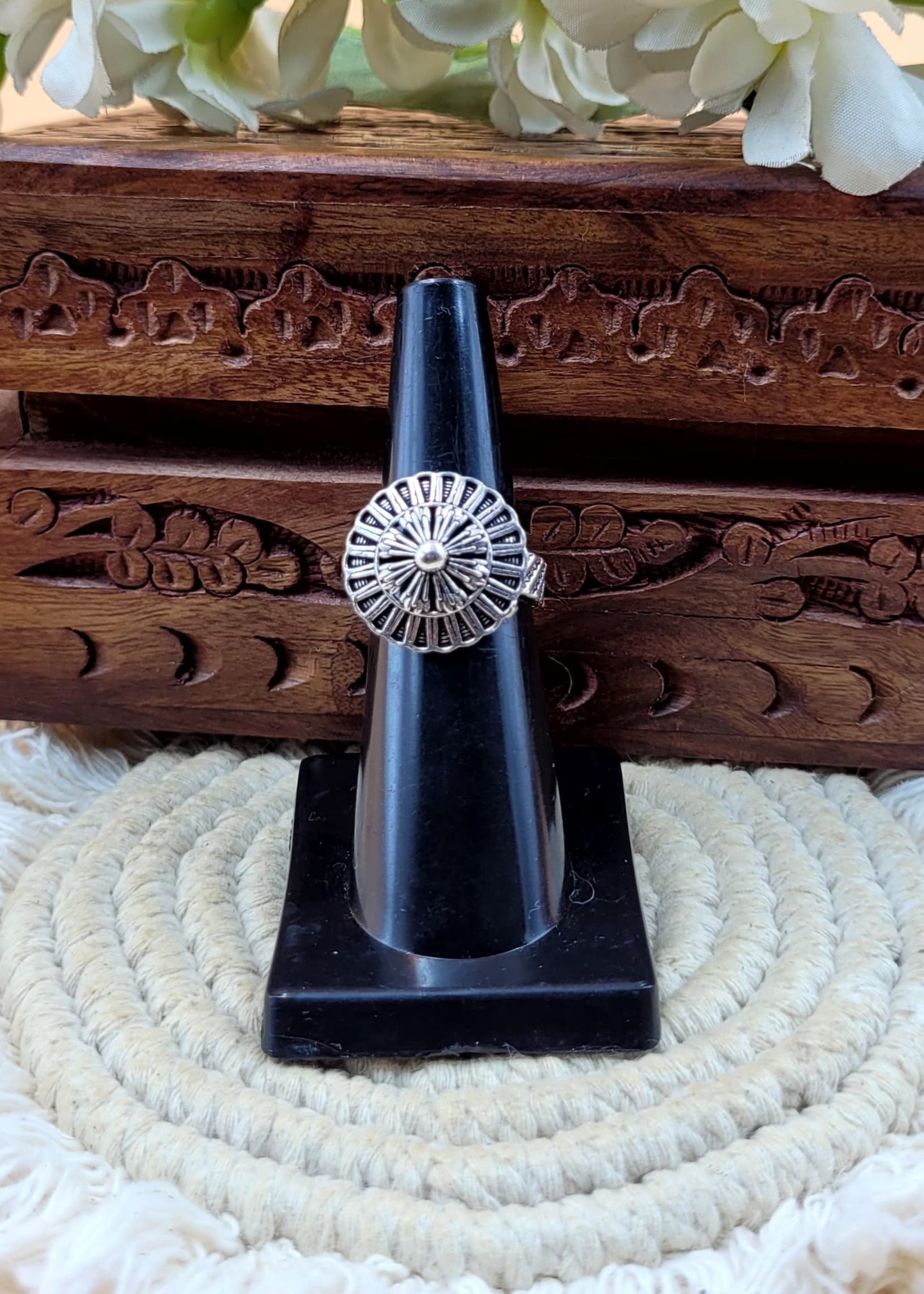 Adjustable Small Size Pine Leaf Designed Oxidized Finger Ring