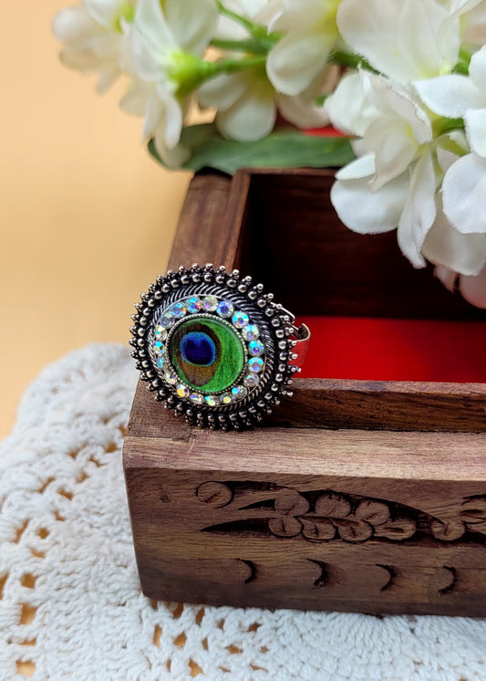 Adjustable Mayur Pankh Stone Embedded Oxidized Ring