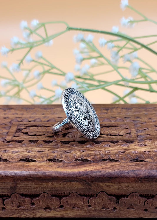 Adjustable Ganesha Embossed Oxidized Finger Ring