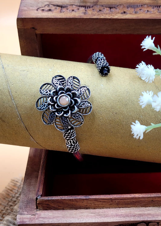 Antique Floral Peach Stone Brass Oxidized Bracelet.