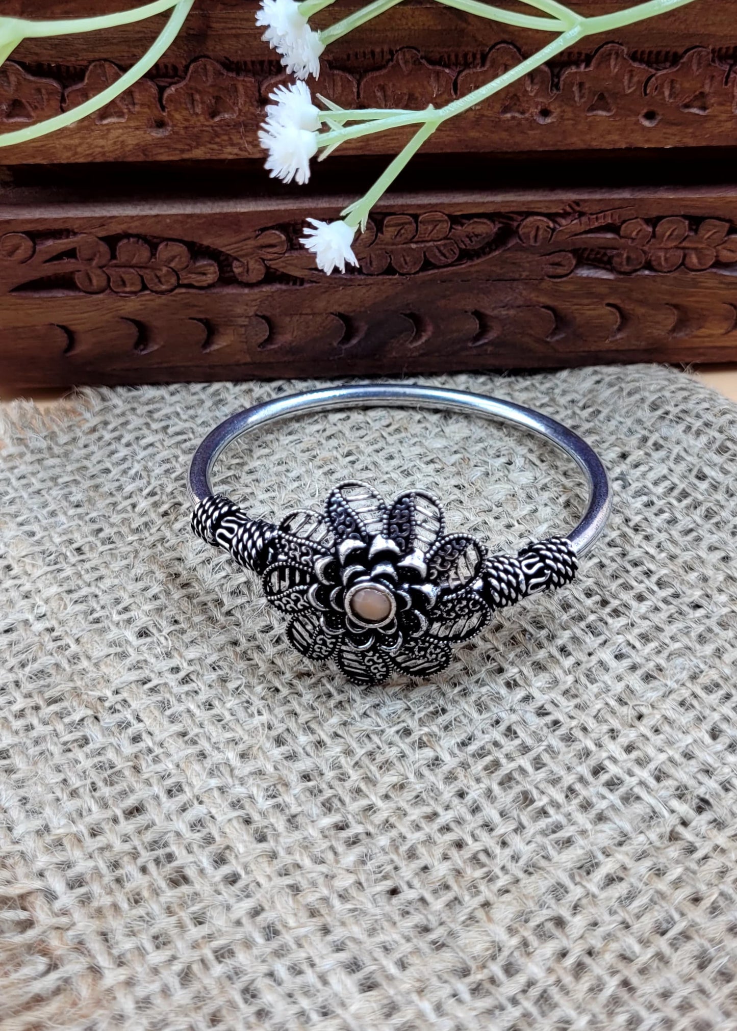 Antique Floral Peach Stone Brass Oxidized Bracelet.