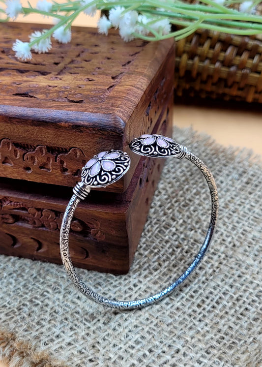 Pink Stone Studded Floral Oxidized Bracelet