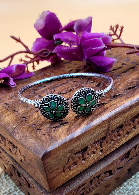 Green Stone Studded Floral Oxidized Bracelet