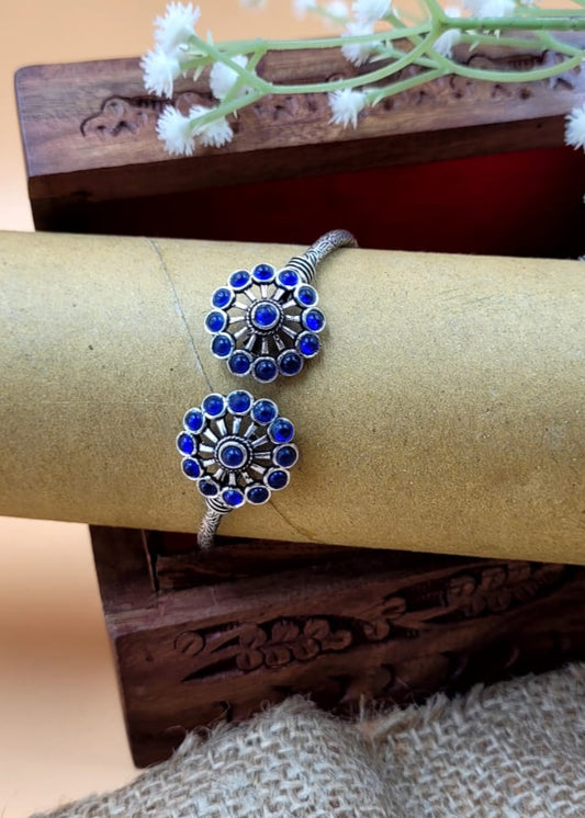 Blue Stone Studded Floral Oxidized Bracelet