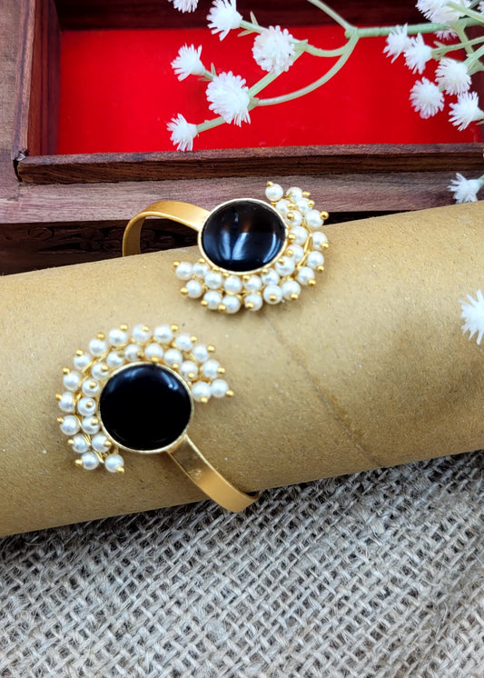 White Mini Pearls Laced Black Stone Brass Bracelet