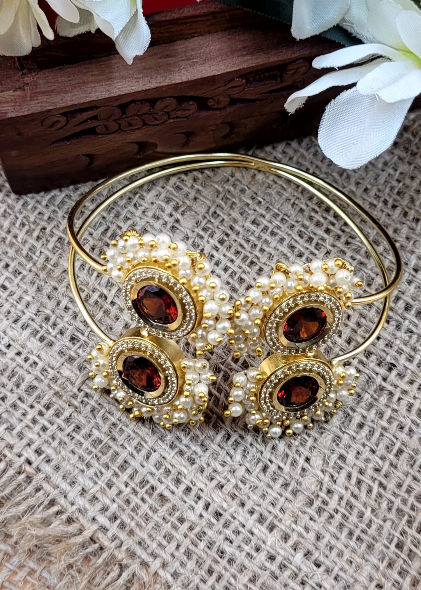 Double Beaded Laced Stone Studded Maroon Brass Bracelet.