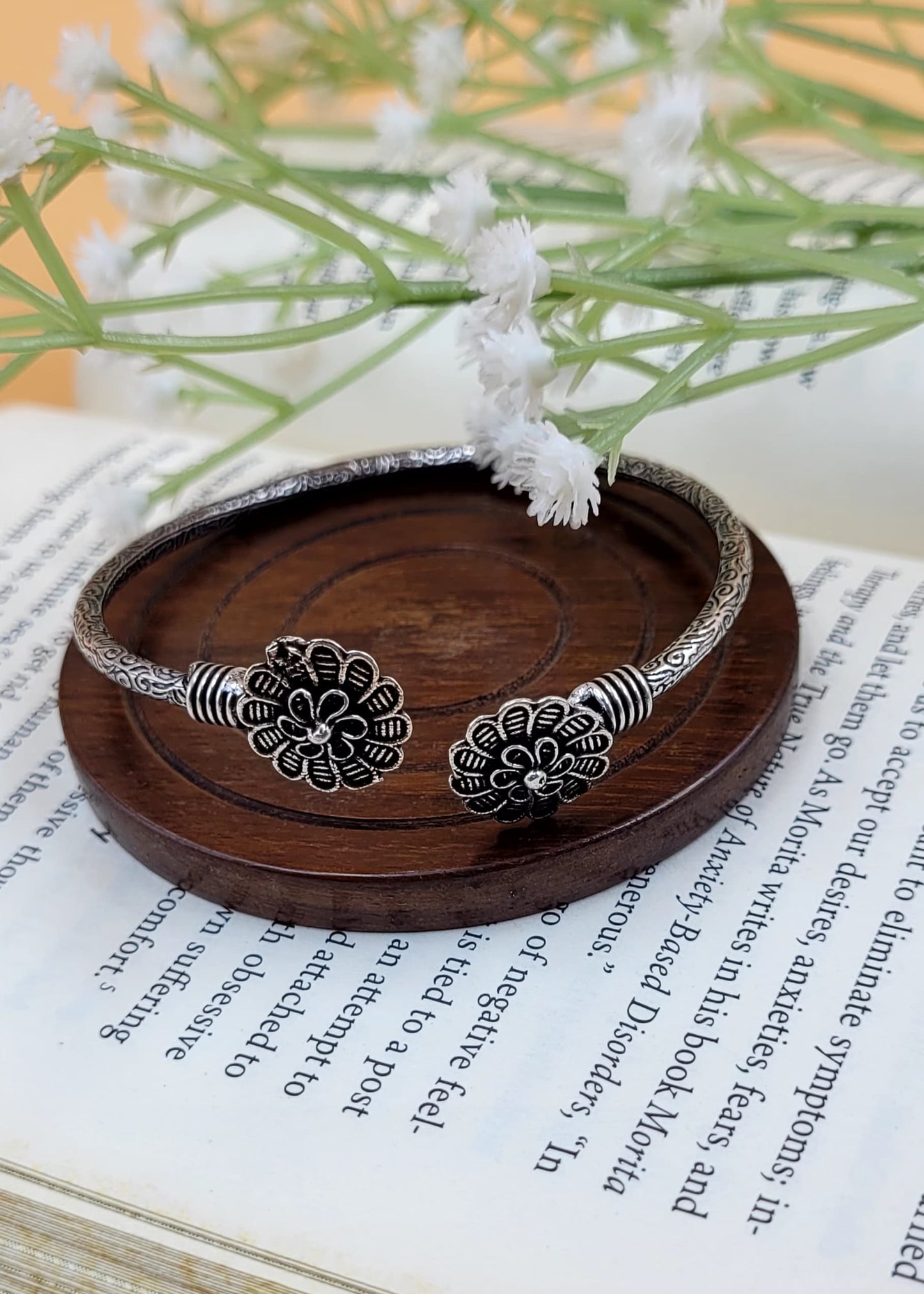 Simple Floral Silver Oxidized Slip On Bracelet