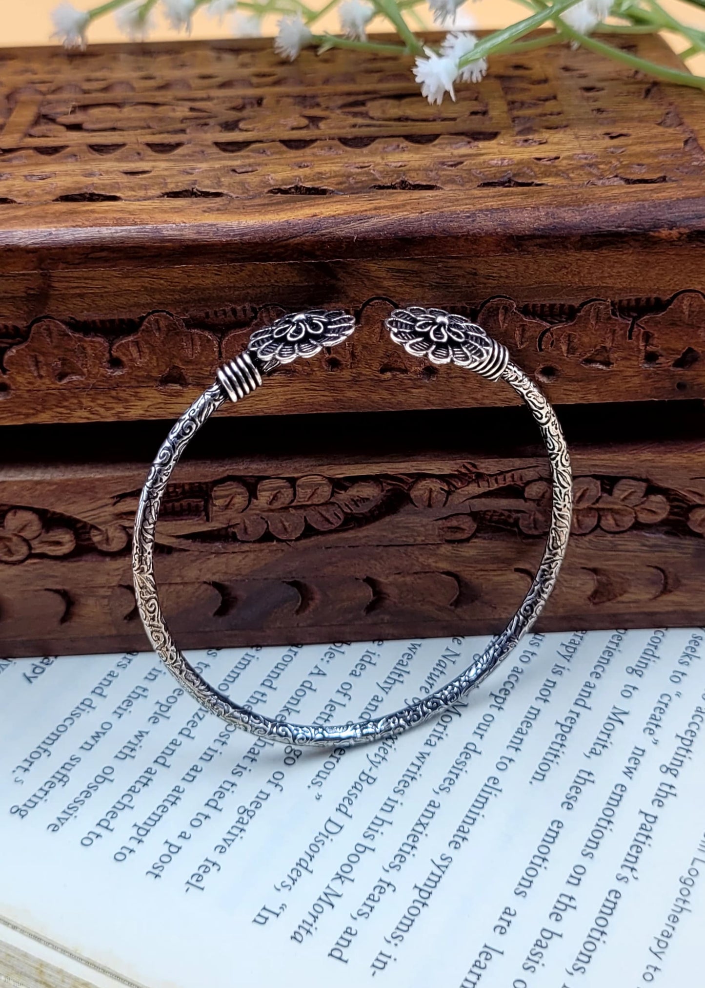 Simple Floral Silver Oxidized Slip On Bracelet