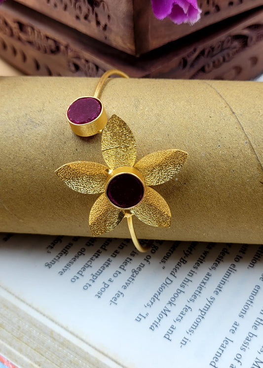Stylish Brass Floral Magenta Stone Studded Bracelet