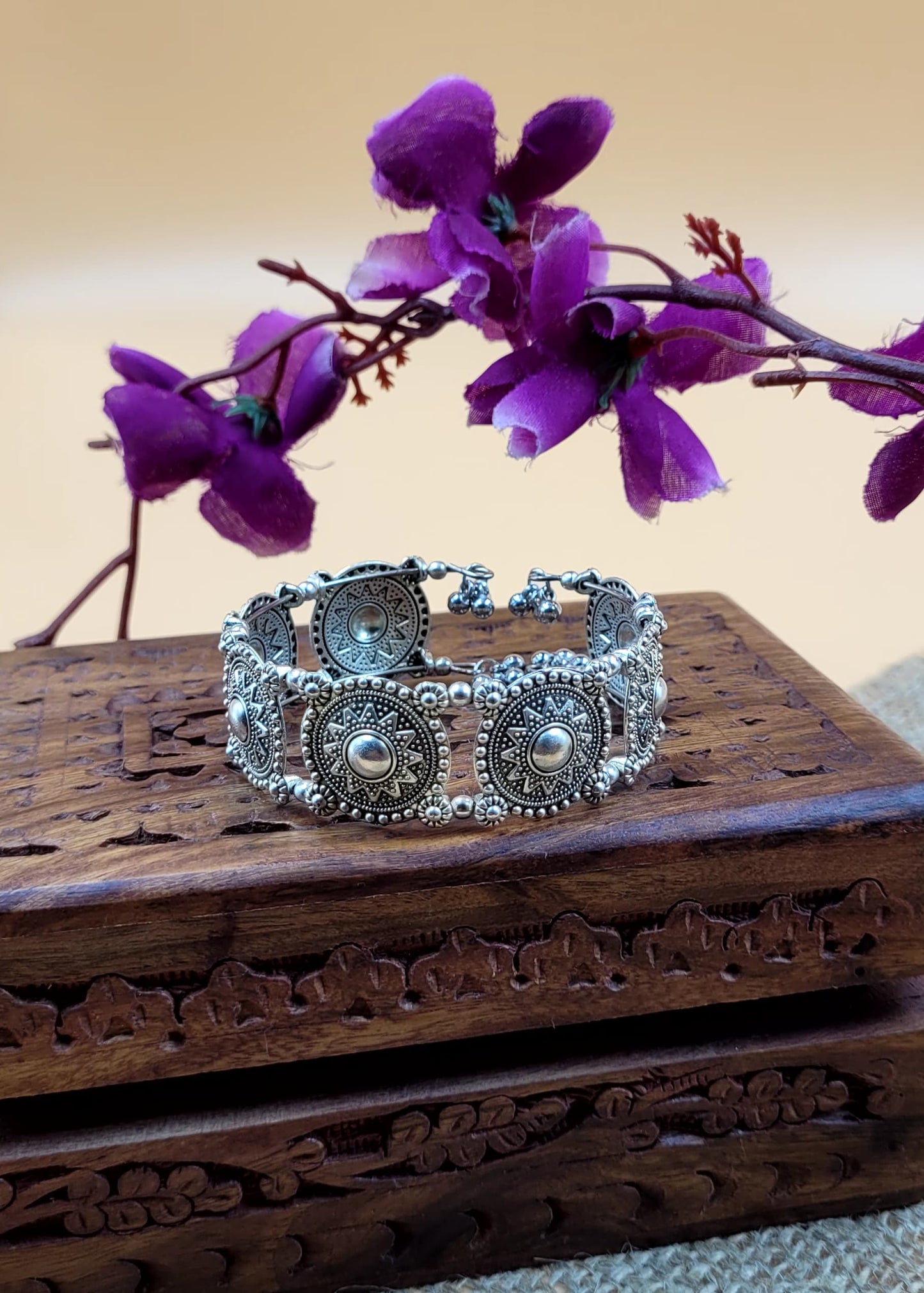 Filigree Work Silver Oxidized Tribal Floral Bracelet